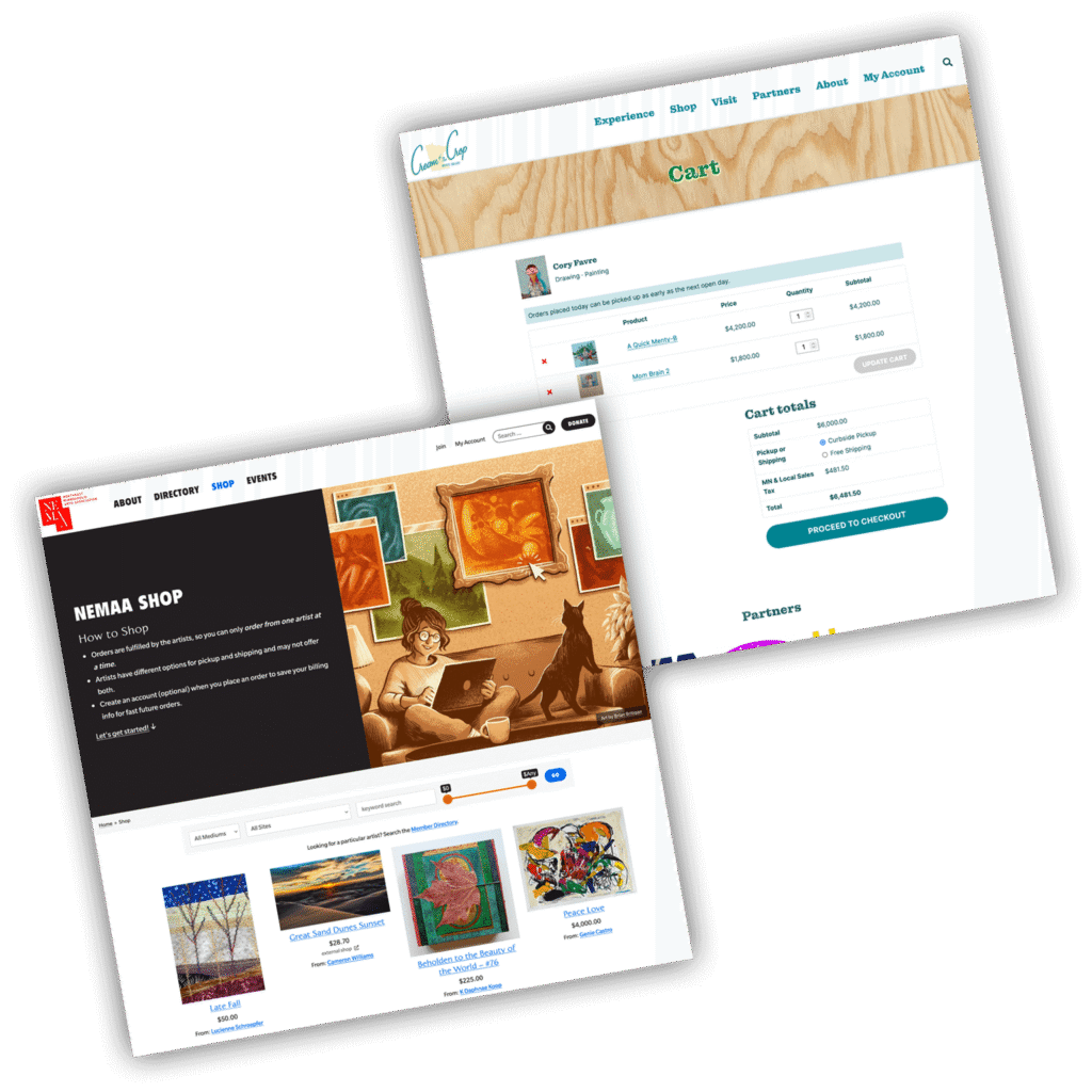 screenshots of shop and checkout pages