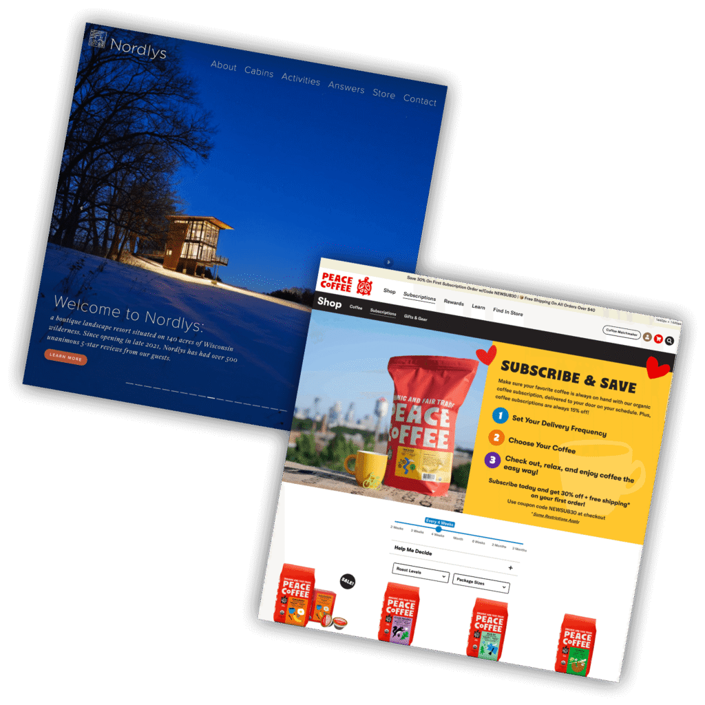 screenshots of a coffee subscription website and a boutique rental cabin website
