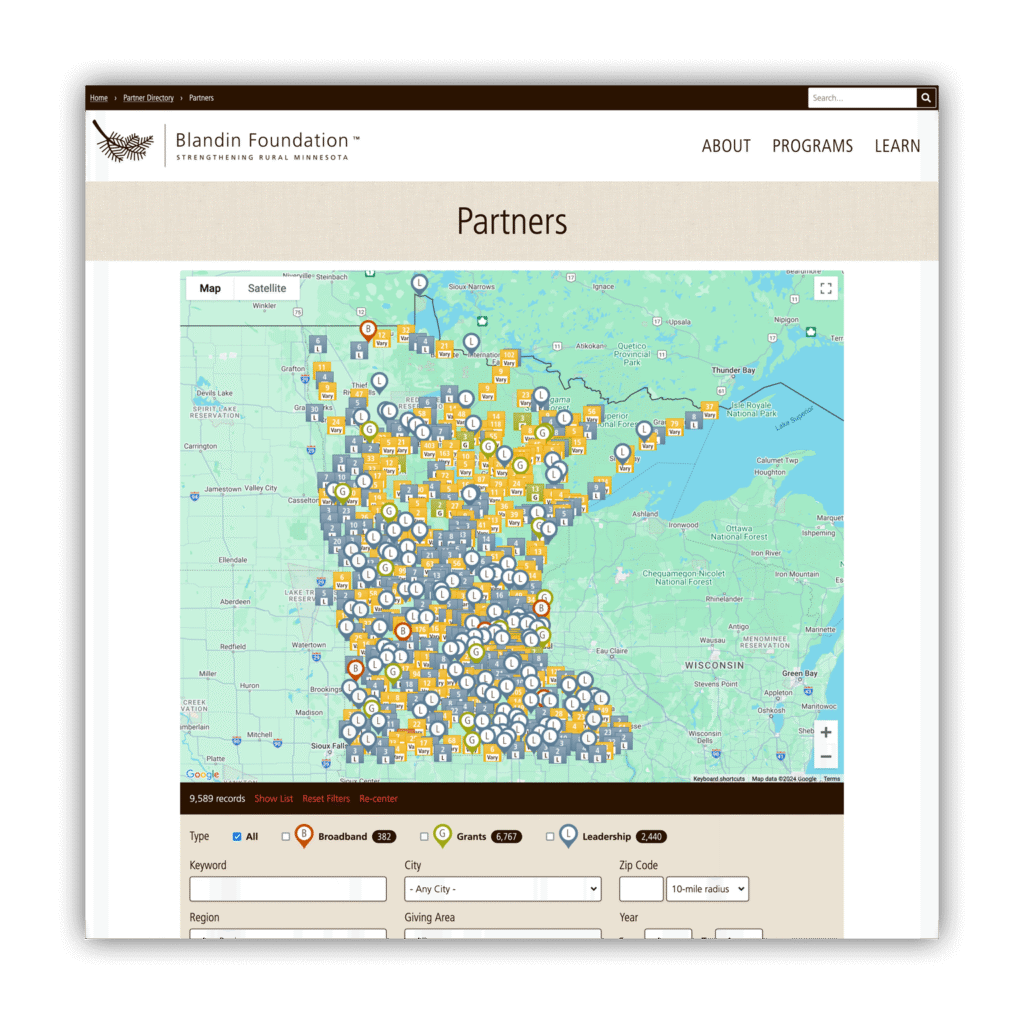 screenshot of website with custom map of data points with filters