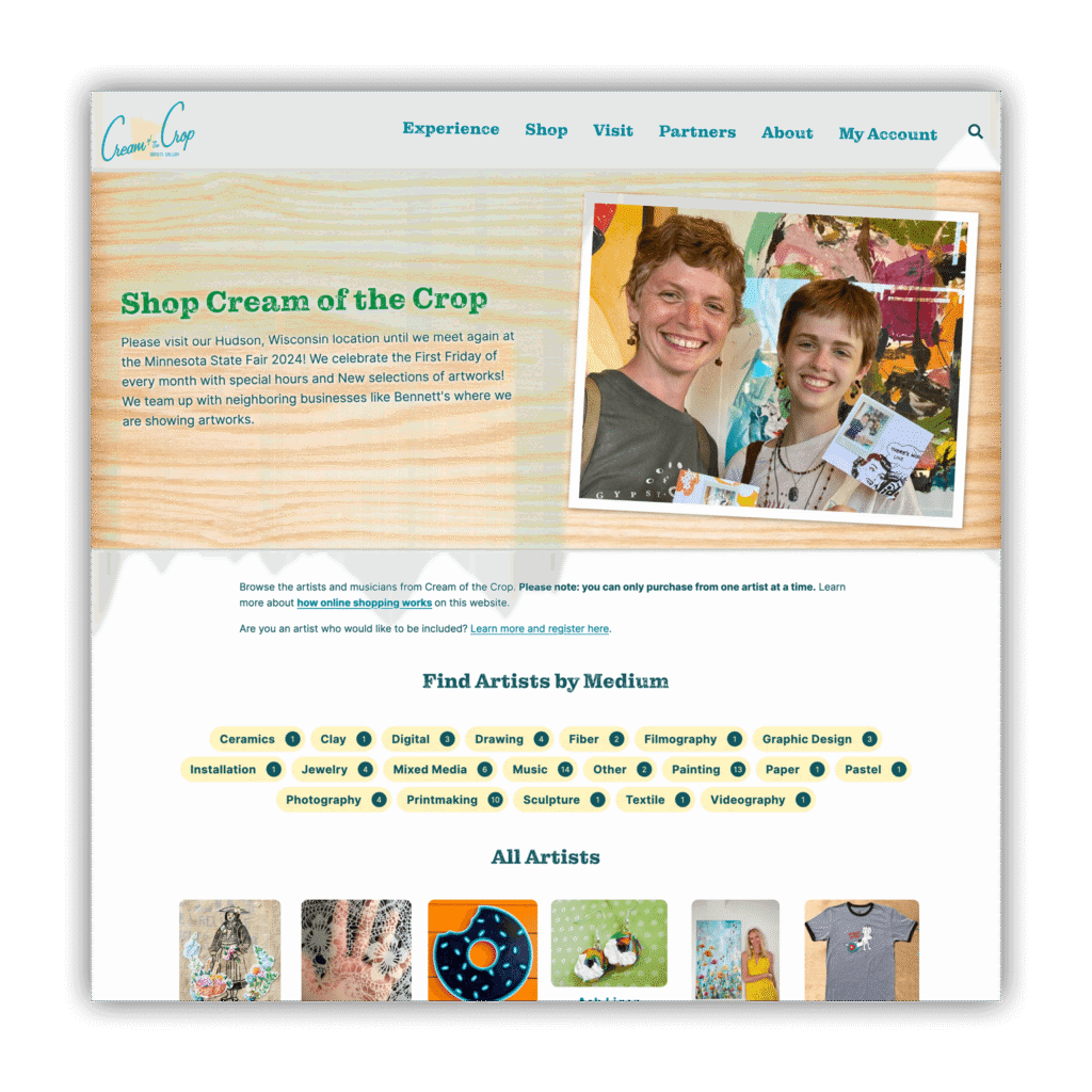 screenshot of an e-commerce website for a gallery with multiple artists