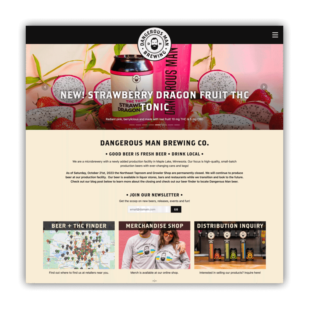 screenshot of a brewery website with beer details and retailer map